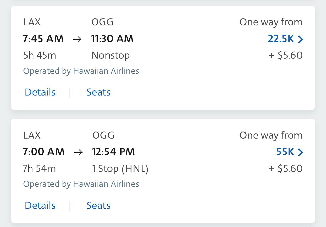 Examples of domestic flights from the West Coast to Hawaii with AA miles