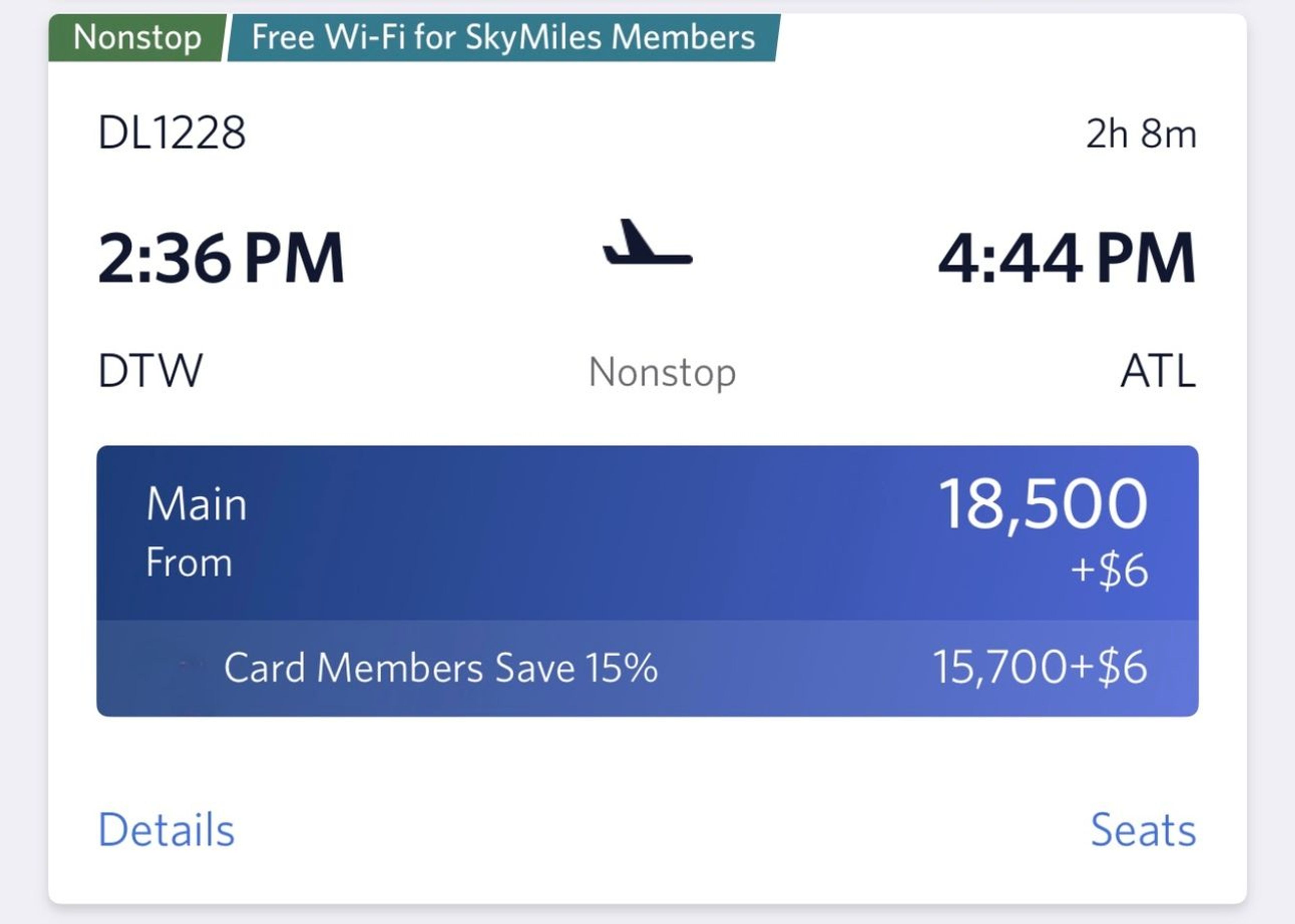 The same Delta flight for 18,500 SkyMiles