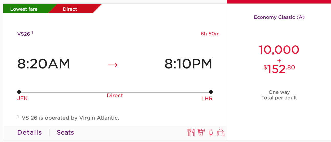 Flight from NYC to London for 10,000 Virgin Miles