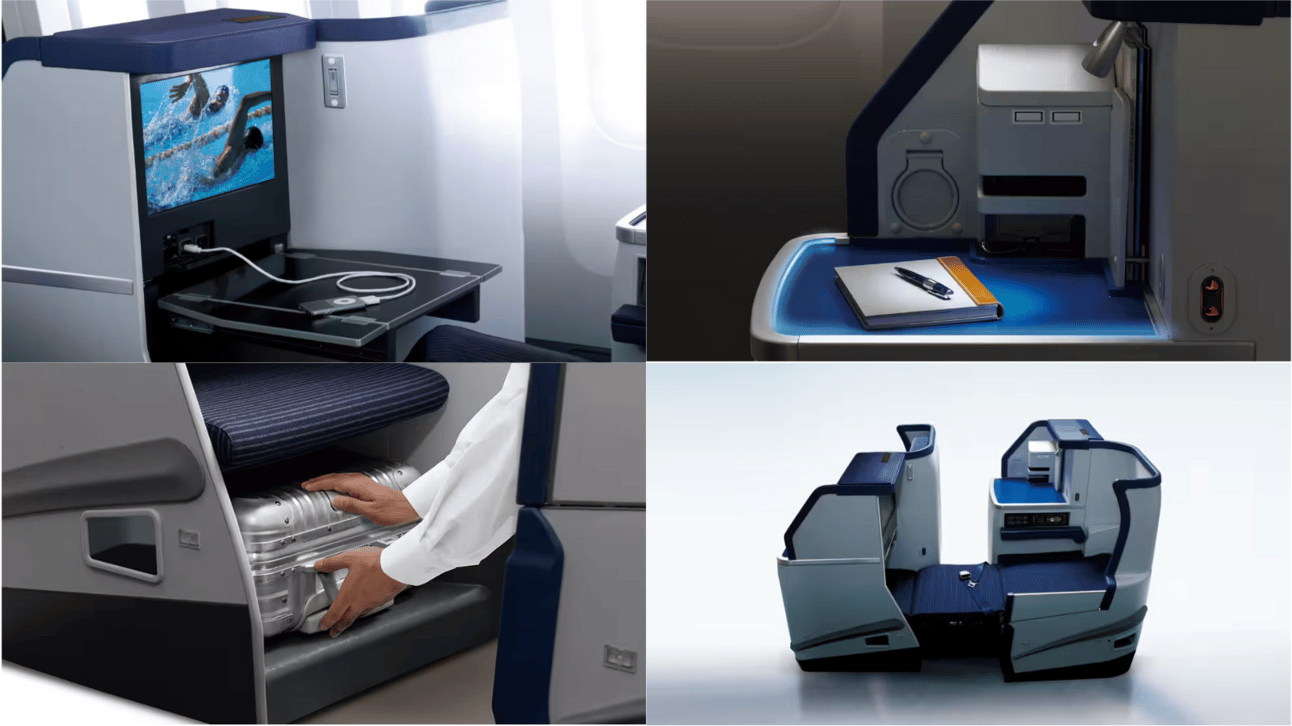 Four images showing ANA's business class