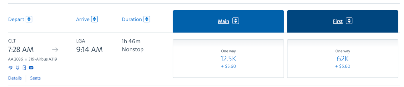 The same flight from earlier booked directly through AA for 12,500 miles
