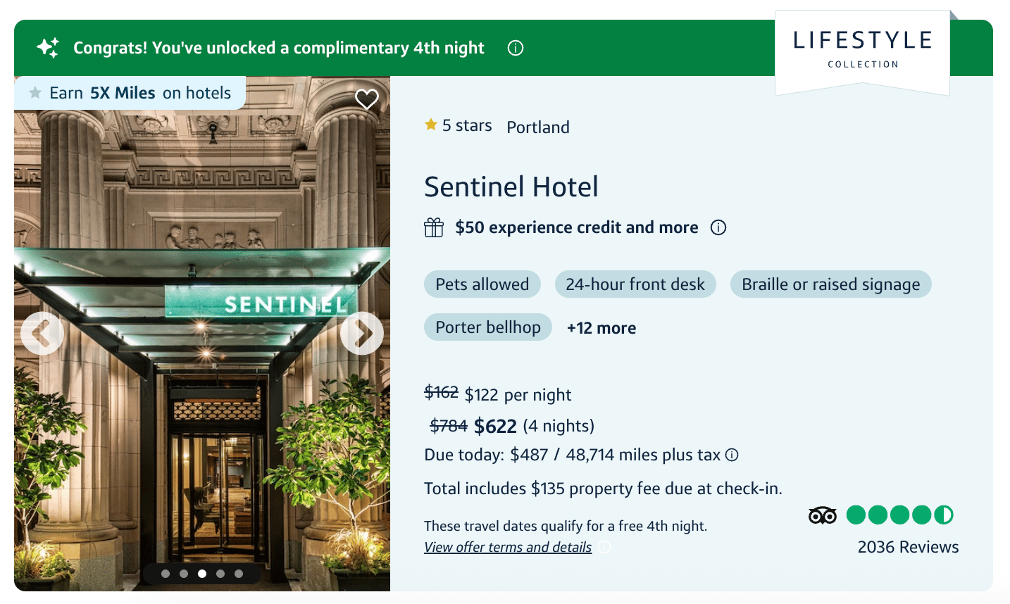 Sentinel Hotel booked through Capital One Travel
