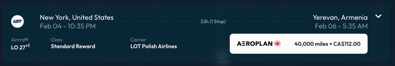 An example flight (in Daily Drop Pro) of flying from New York to Yerevan for 40,000 Aeroplan points