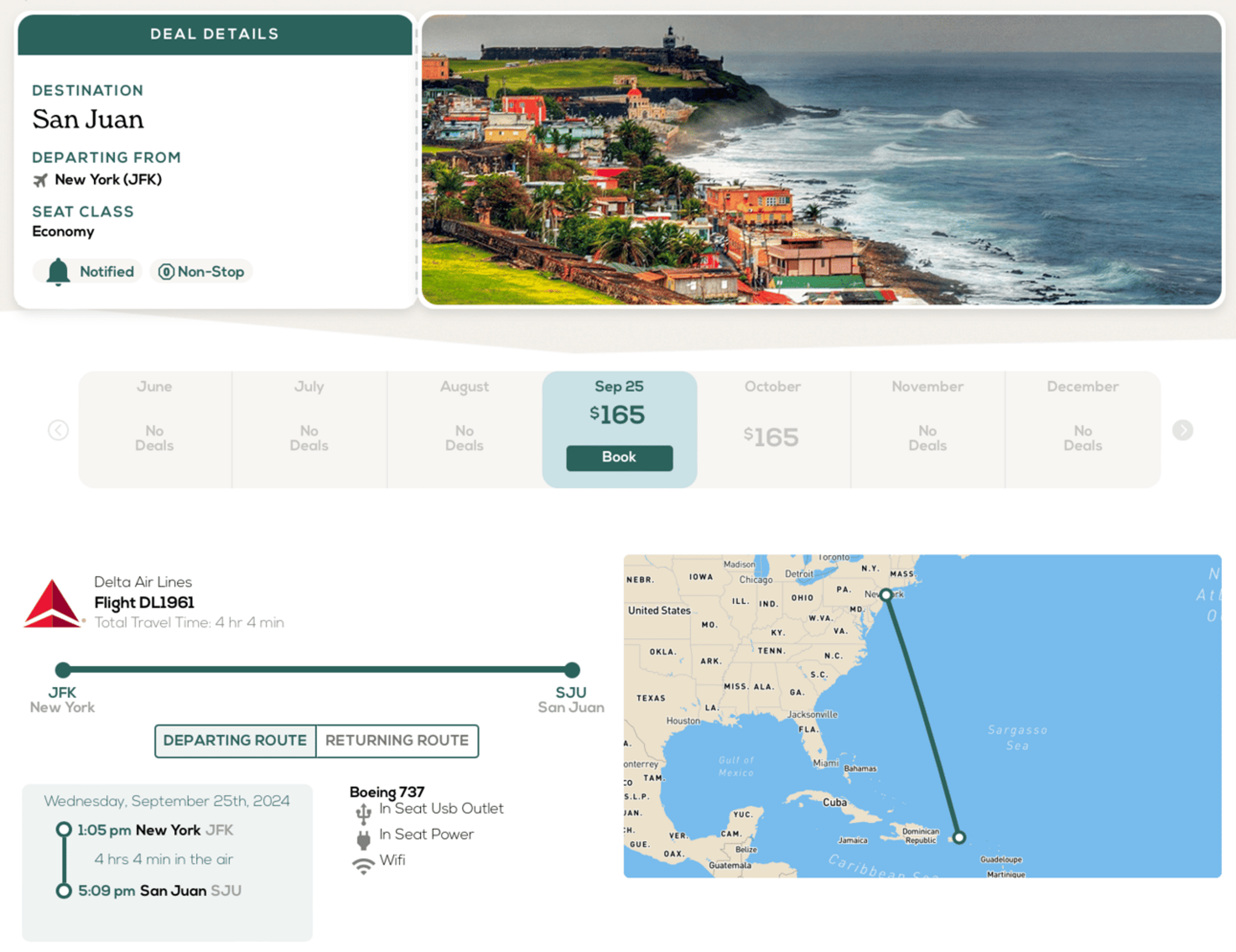 A screenshot of a FareDrop deal showing the price, flight info, and route from JFK to San Juan