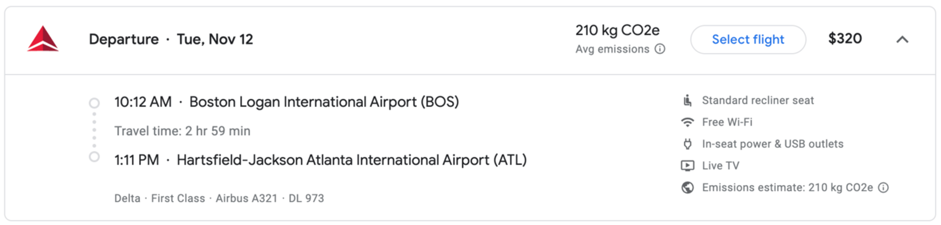 Boston to Atlanta on Delta for $320 in domestic first class