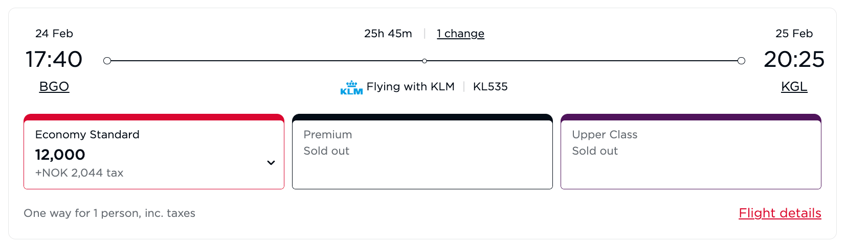 Bergen to Kigali for 12,000 Virgin miles in economy