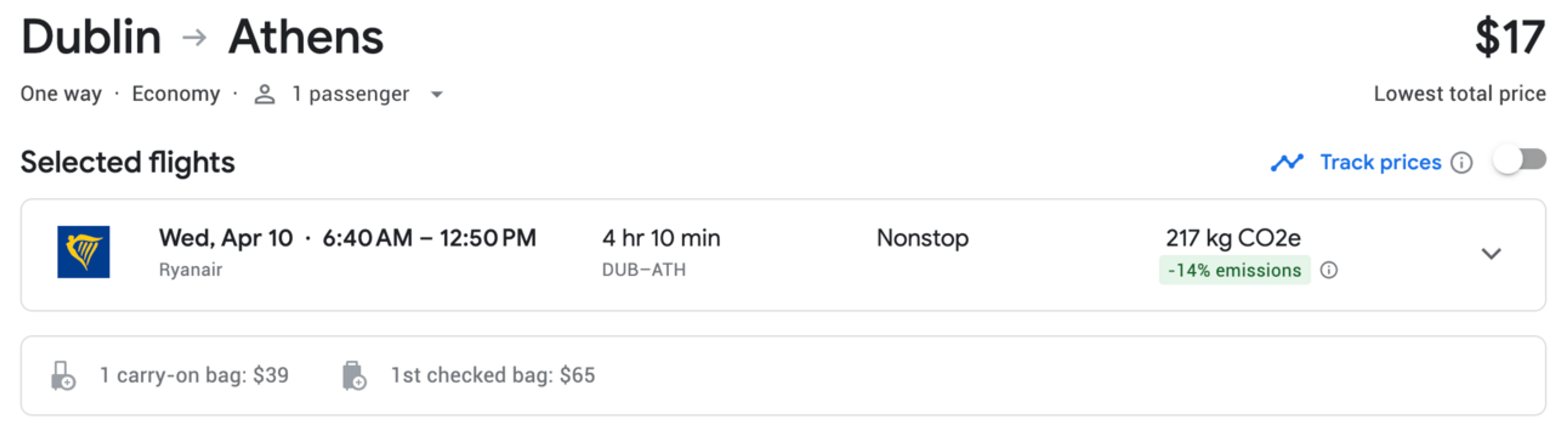 Sample Google flights booking (DUB-ATH for $17)