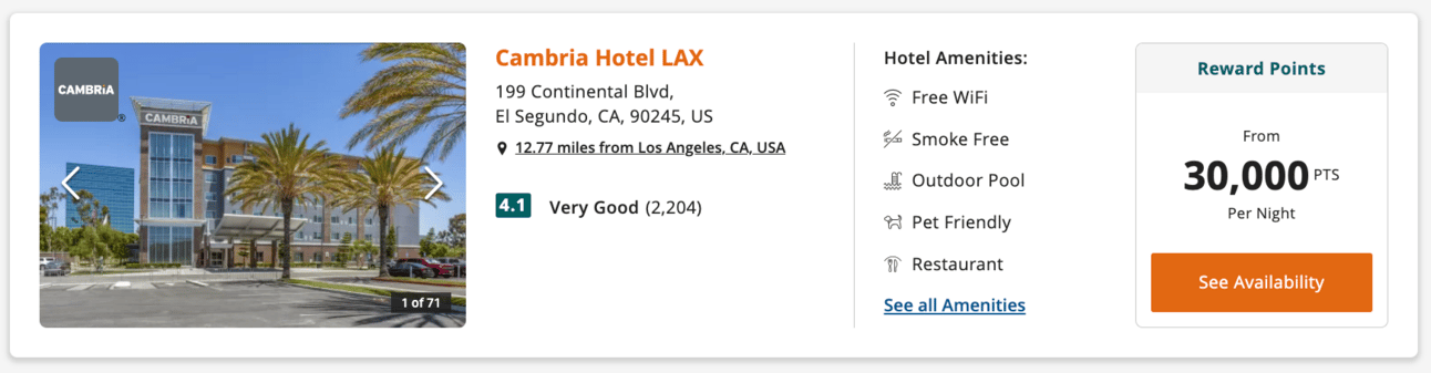An example of a premium Choice brand in Los Angeles for 30,000 points per night
