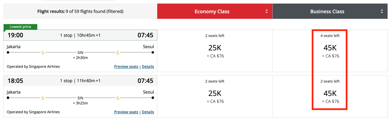 Jakarta to Seoul for 45,000 Aeroplan points in business class