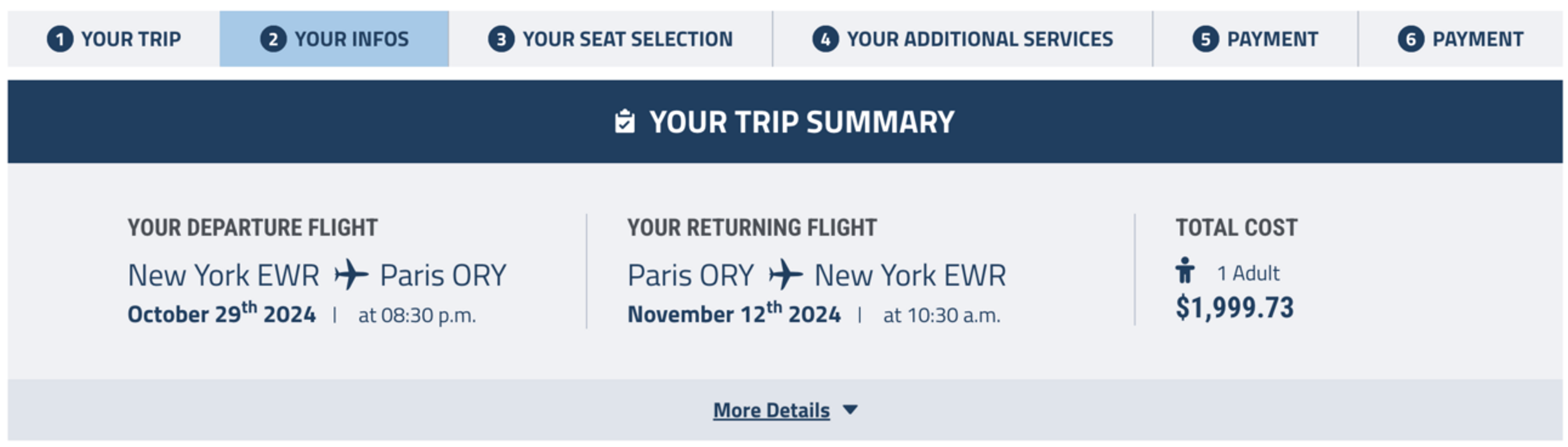 Booking page for the business-class flights in question