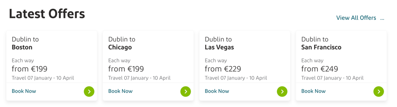 Examples of various flight deals with the Aer Lingus Sale