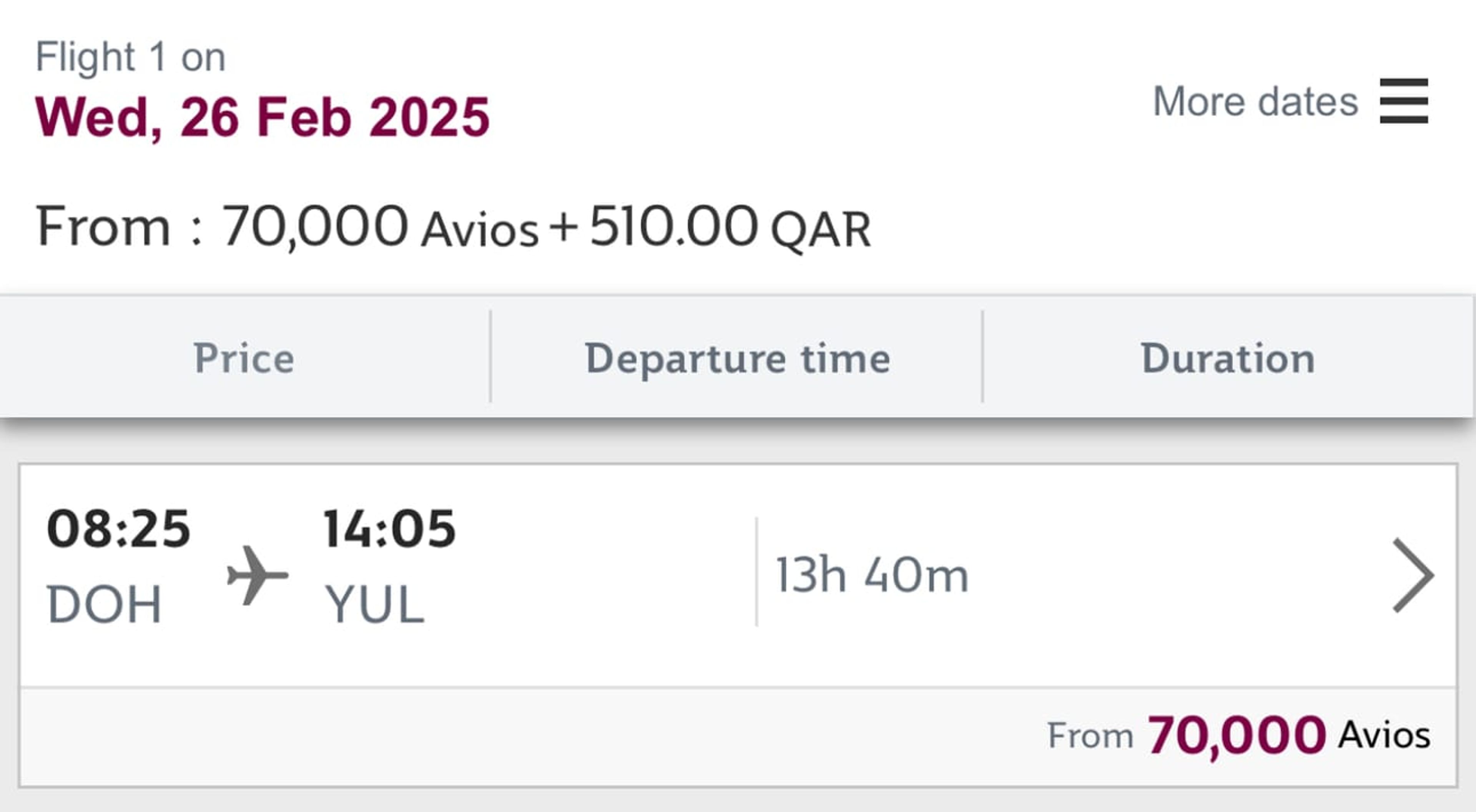 Doha to Montreal for 70,000 Avios in business class