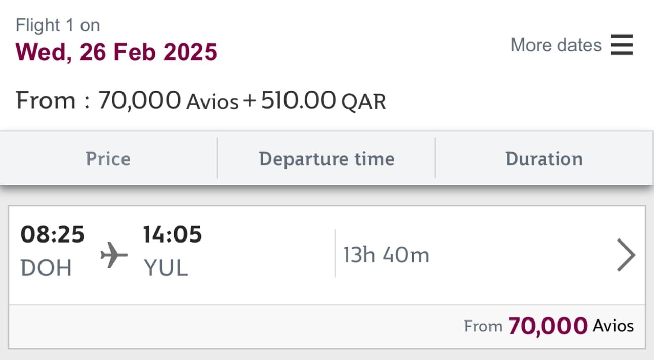 Doha to Montreal for 70,000 Avios in business class