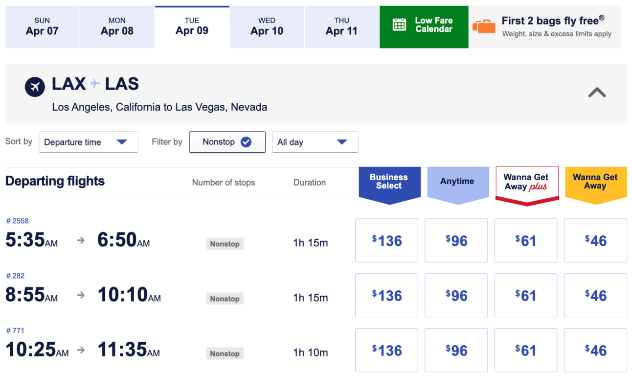 Sample SW flight from LAX-LAS for $46
