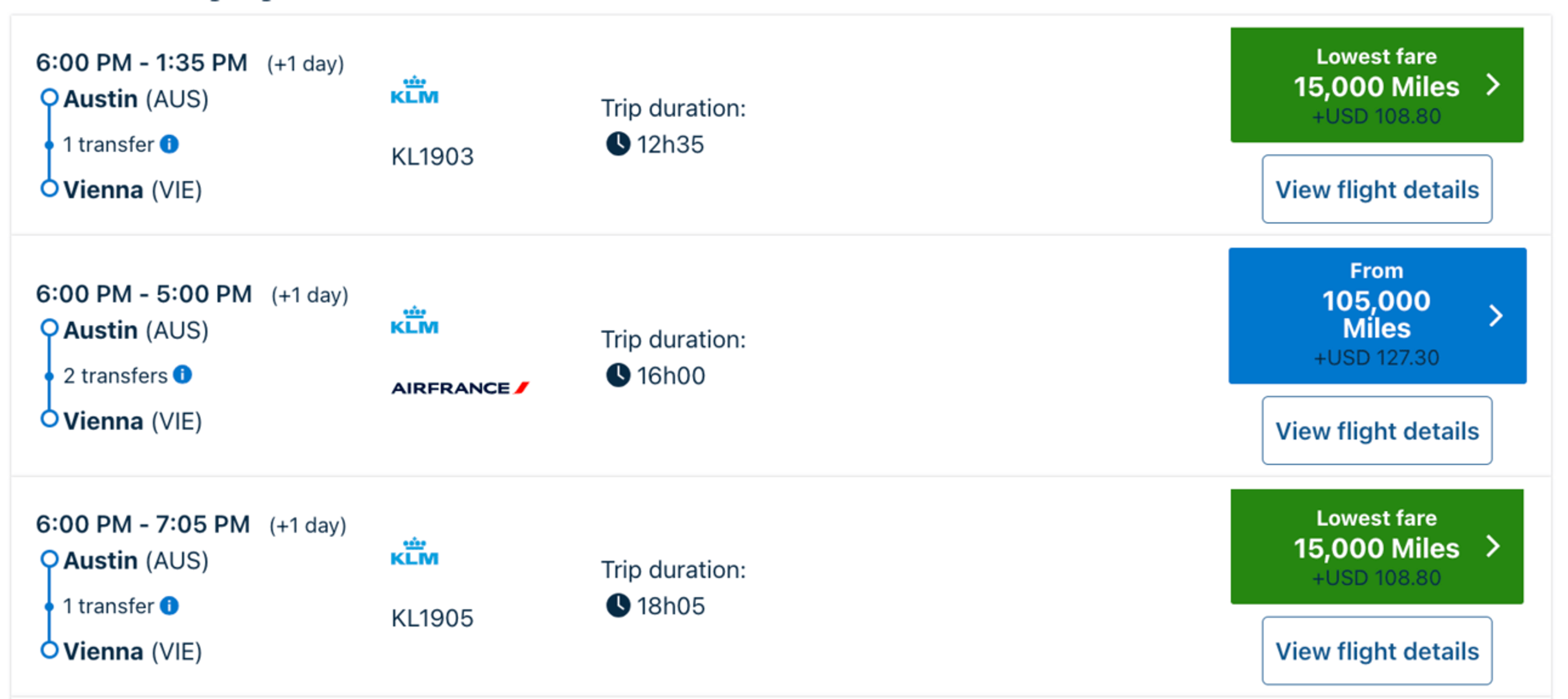 Screenshot of flight bookings on KLM/Air France