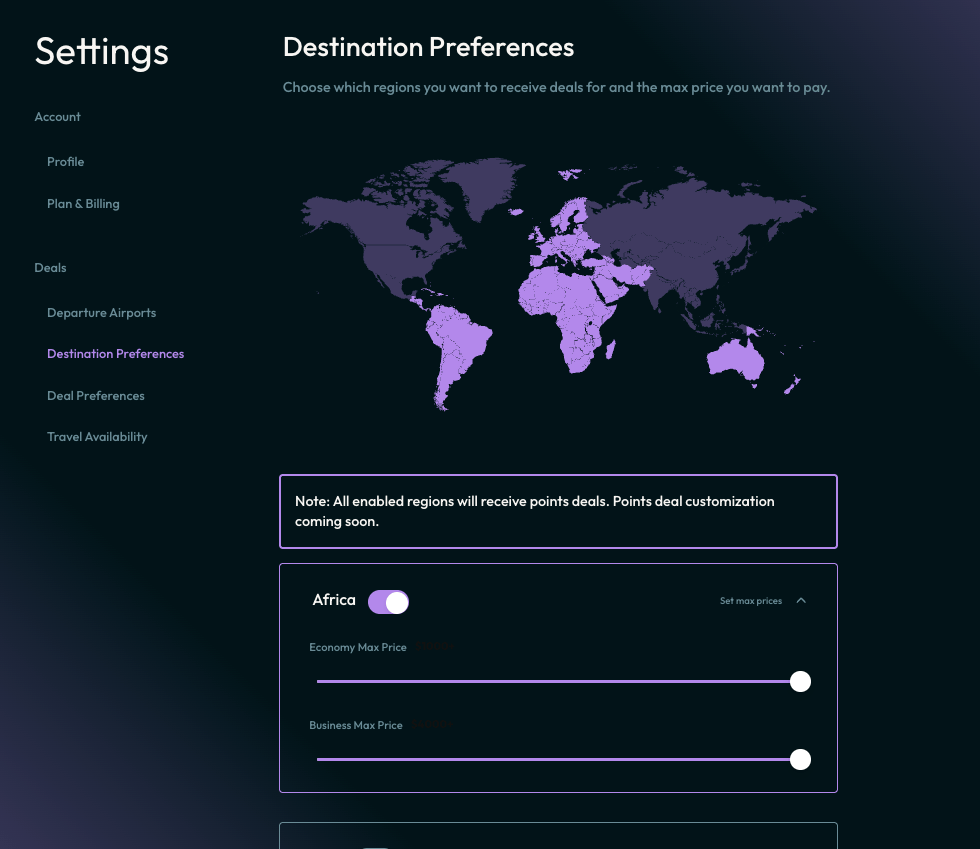 Destination preferences within Daily Drop Pro interface