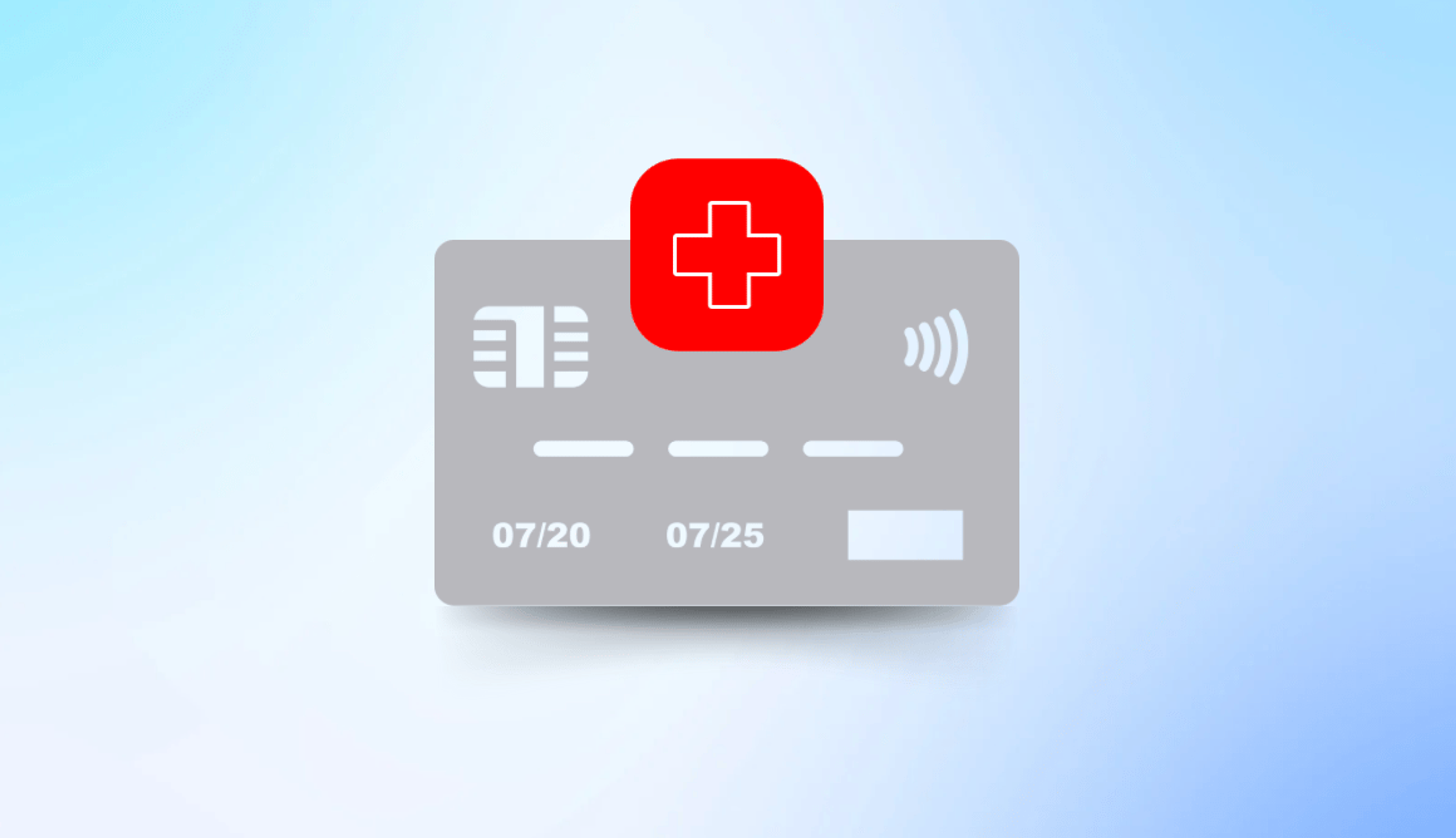 A grey credit card graphic with a Red Cross on a light blue background