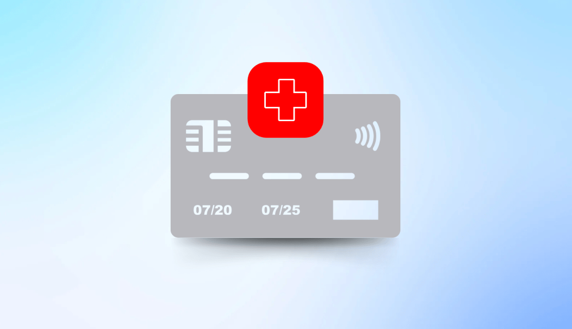 A grey credit card graphic with a Red Cross on a light blue background