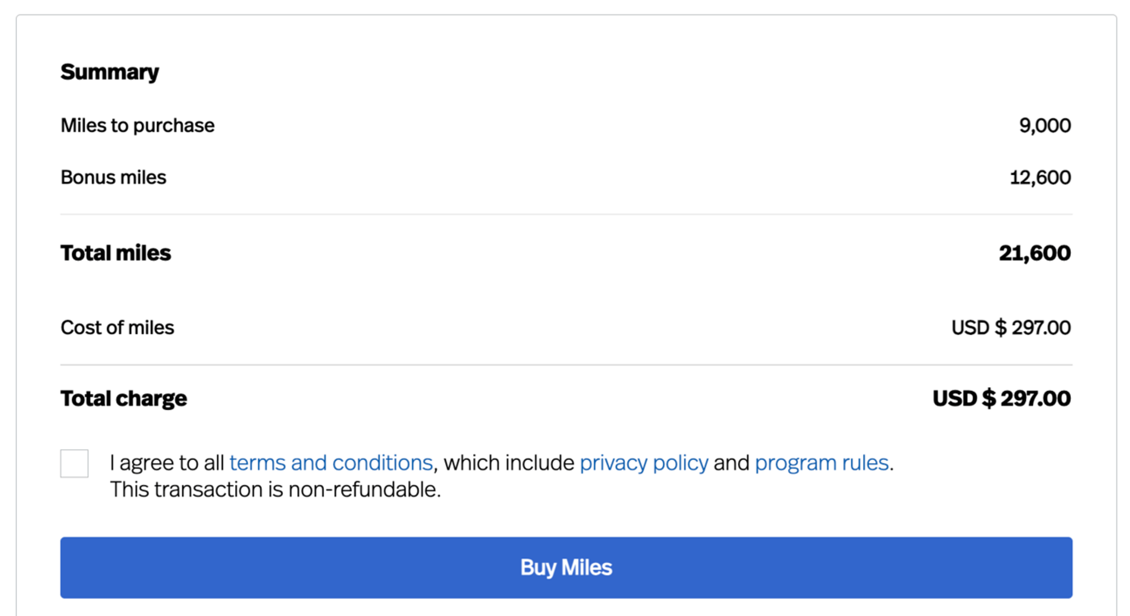 Buying 21,600 miles for $297