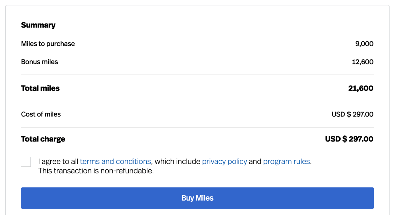 Buying 21,600 miles for $297
