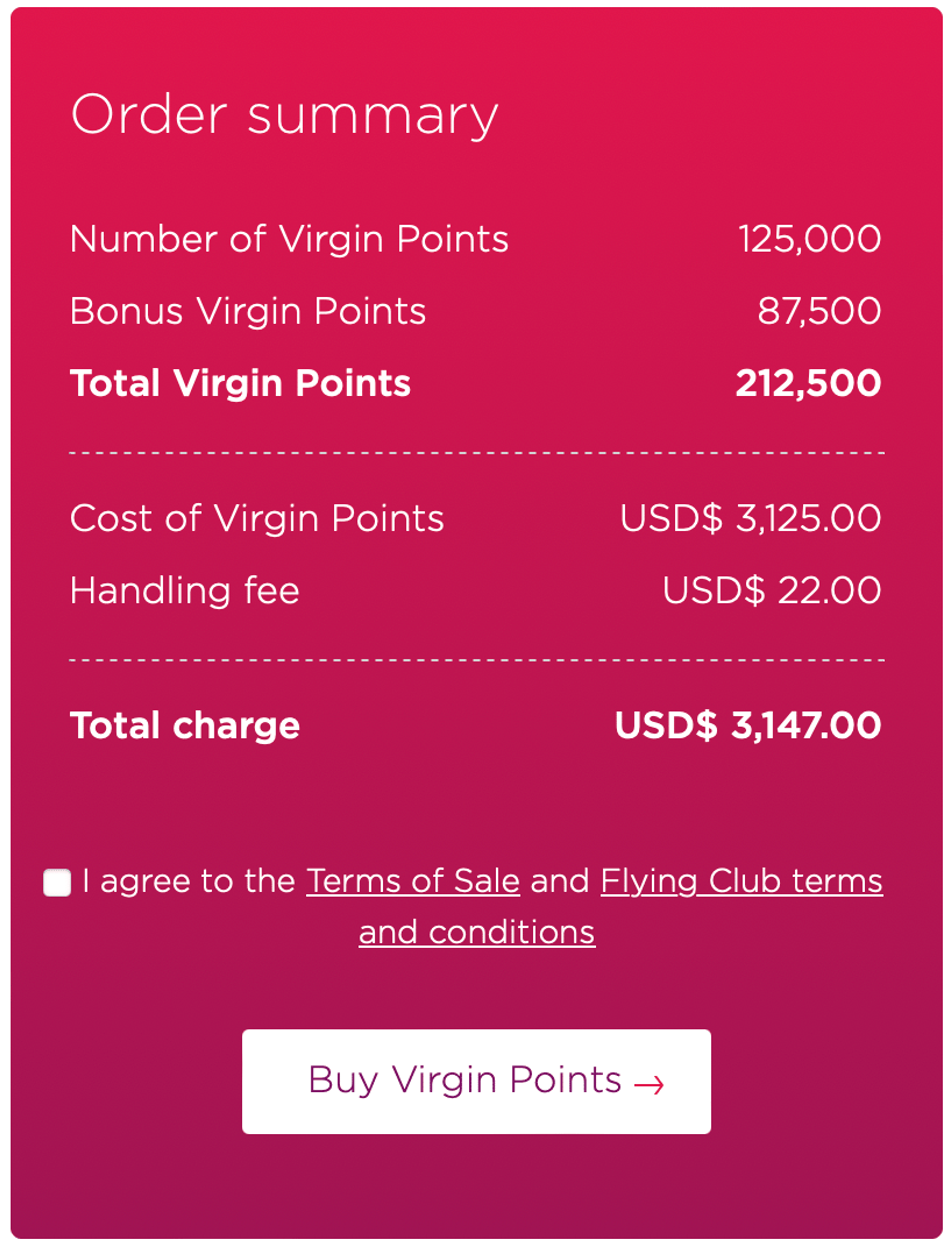 Screenshot of purchasing 125,000 Virgin points with a 70% bonus