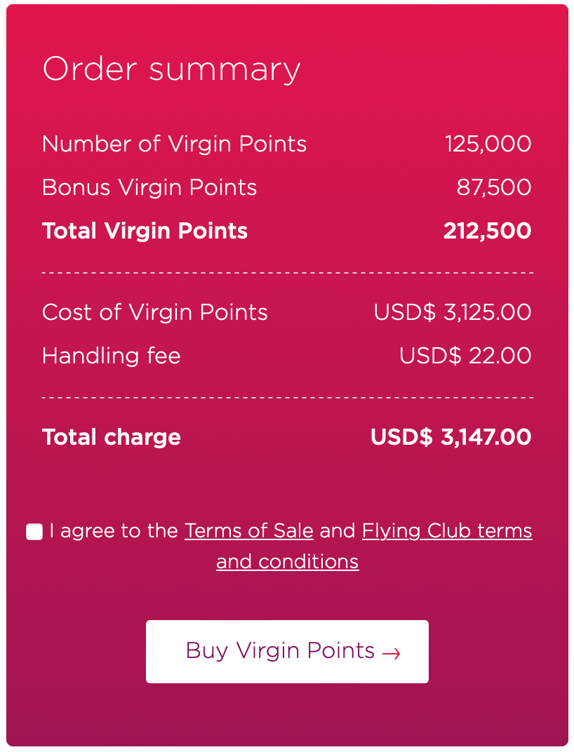 Screenshot of purchasing 125,000 Virgin points with a 70% bonus
