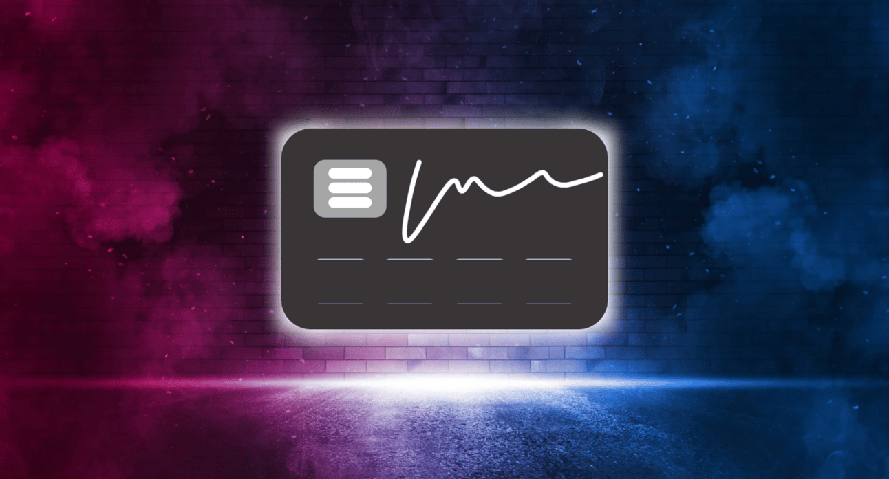 An image of an animaged gray credit card with a blue and pink background