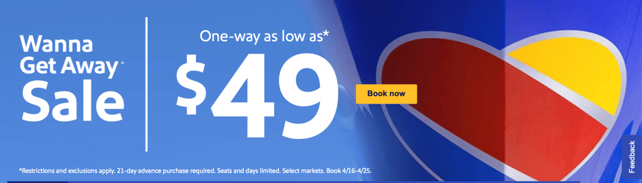 A screenshot of Southwest's home page featuring the flash sale