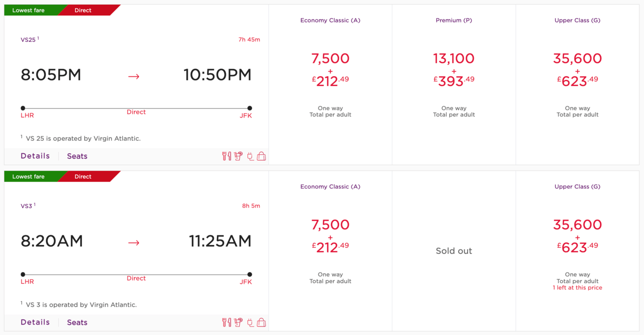 A screenshot showing Virgin Upper Class seats for 35,000 miles
