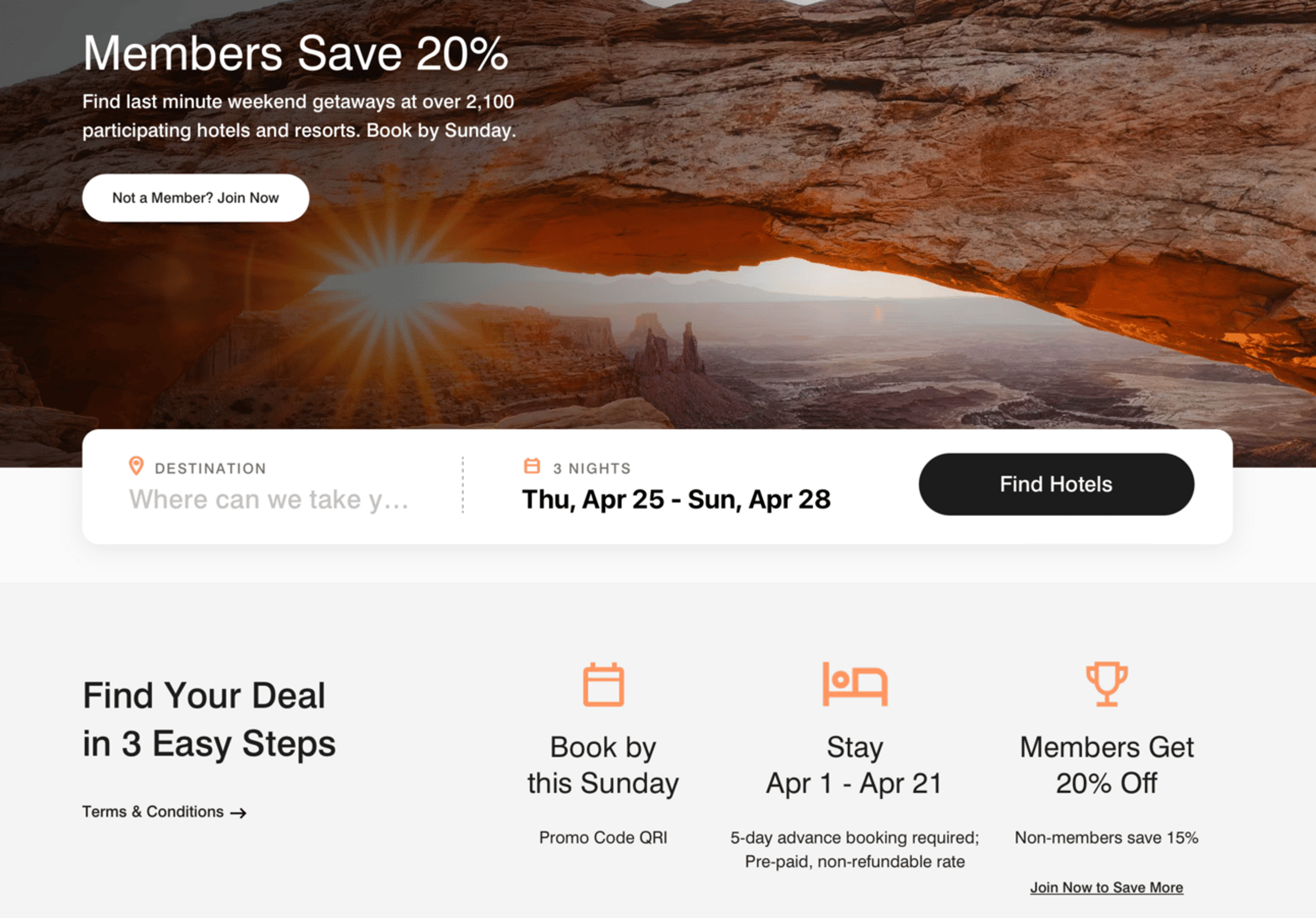 Sceenshot of Marriot promo page showing members get 20% off spring getaway stays