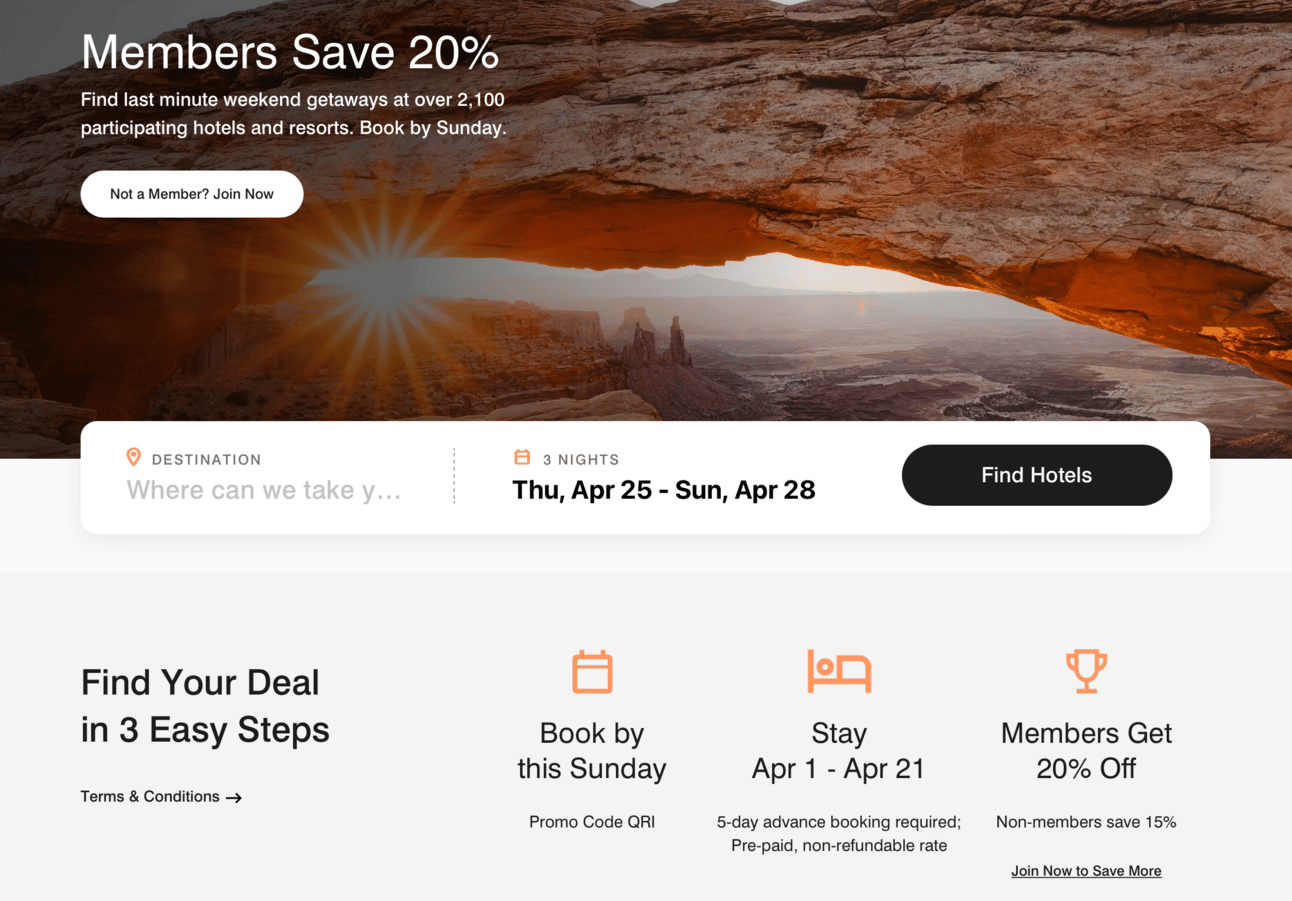 Sceenshot of Marriot promo page showing members get 20% off spring getaway stays