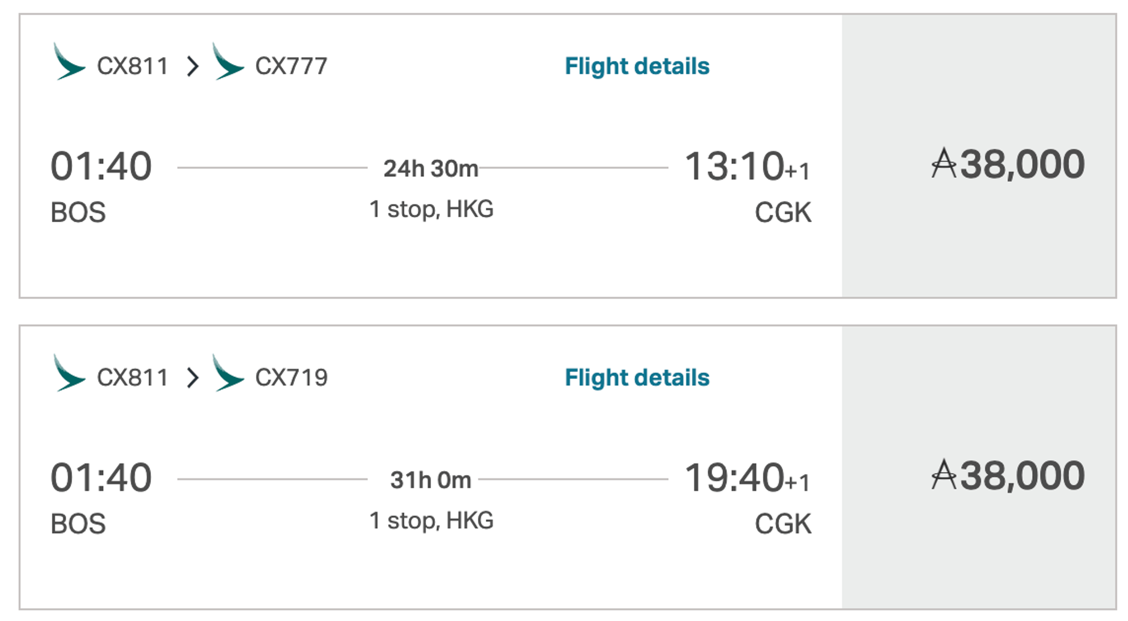 Cathay Pacific BOS-CGK for 38k miles