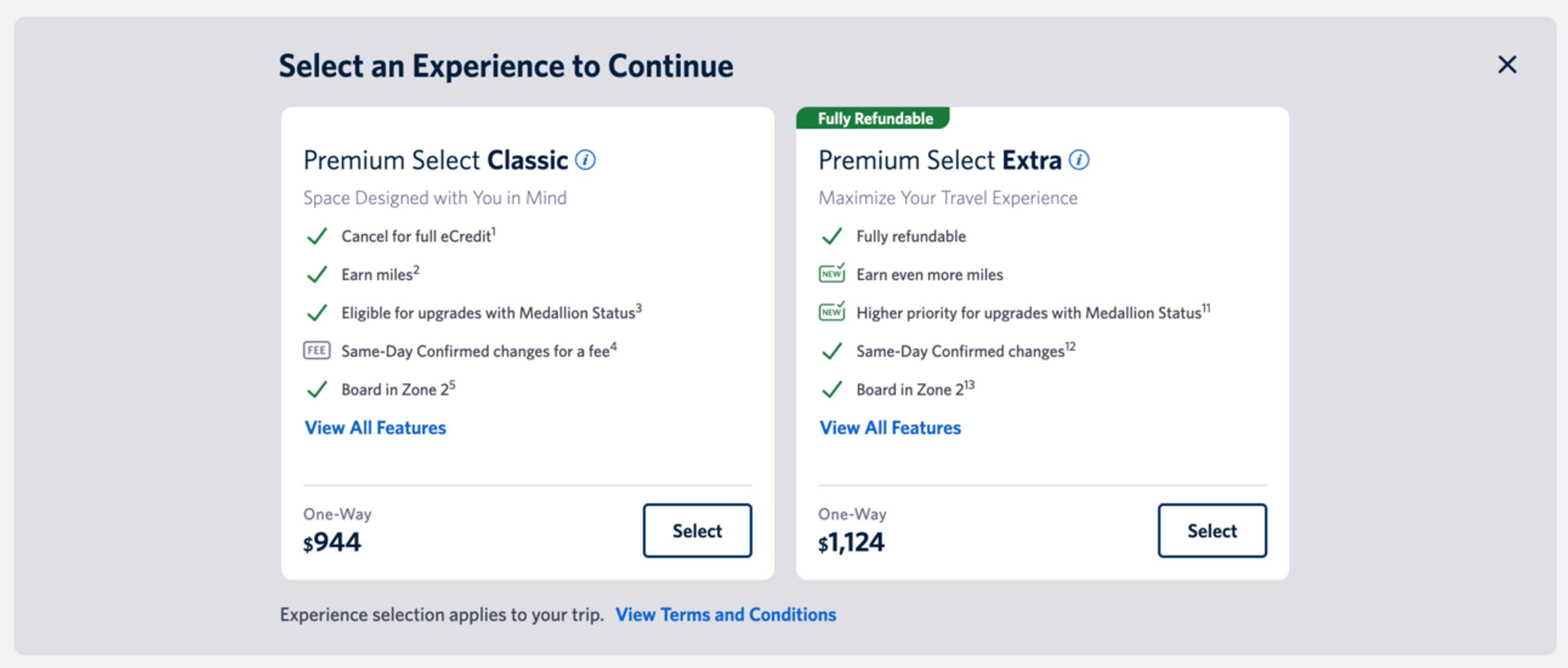 Premium Select sub-fare options