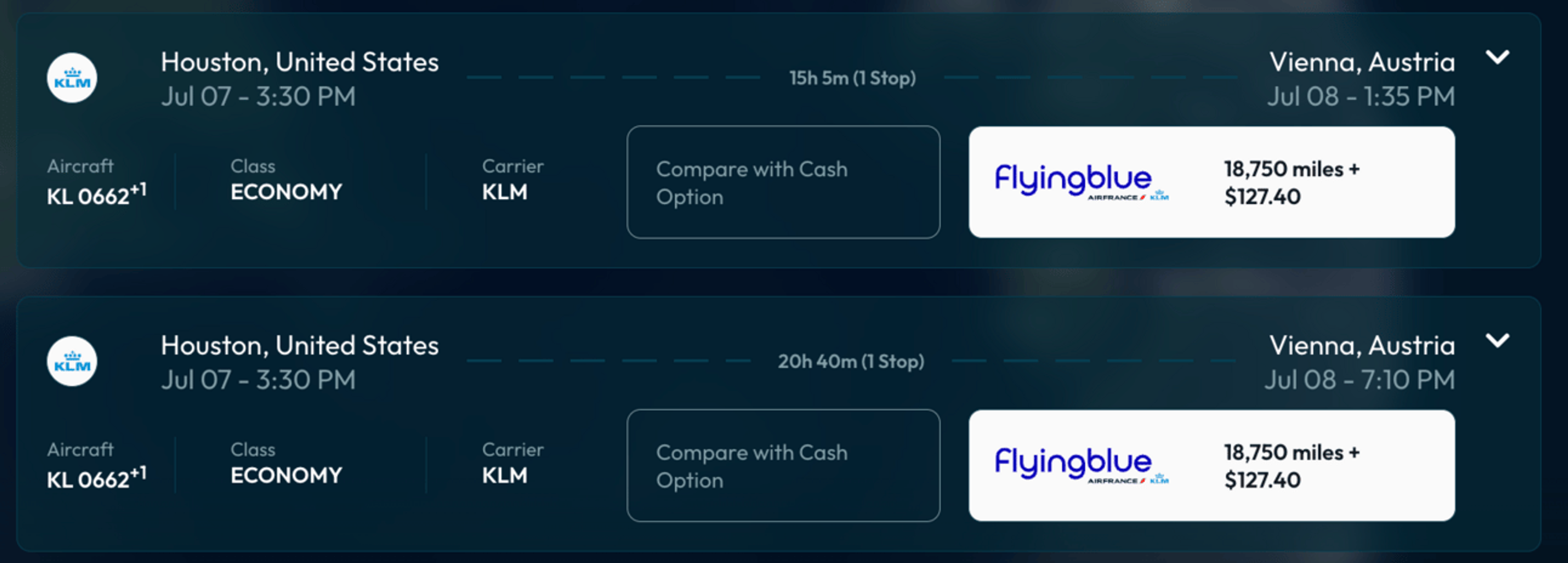 Houston to Vienna for 18,750 Flying Blue miles in economy (DDP)