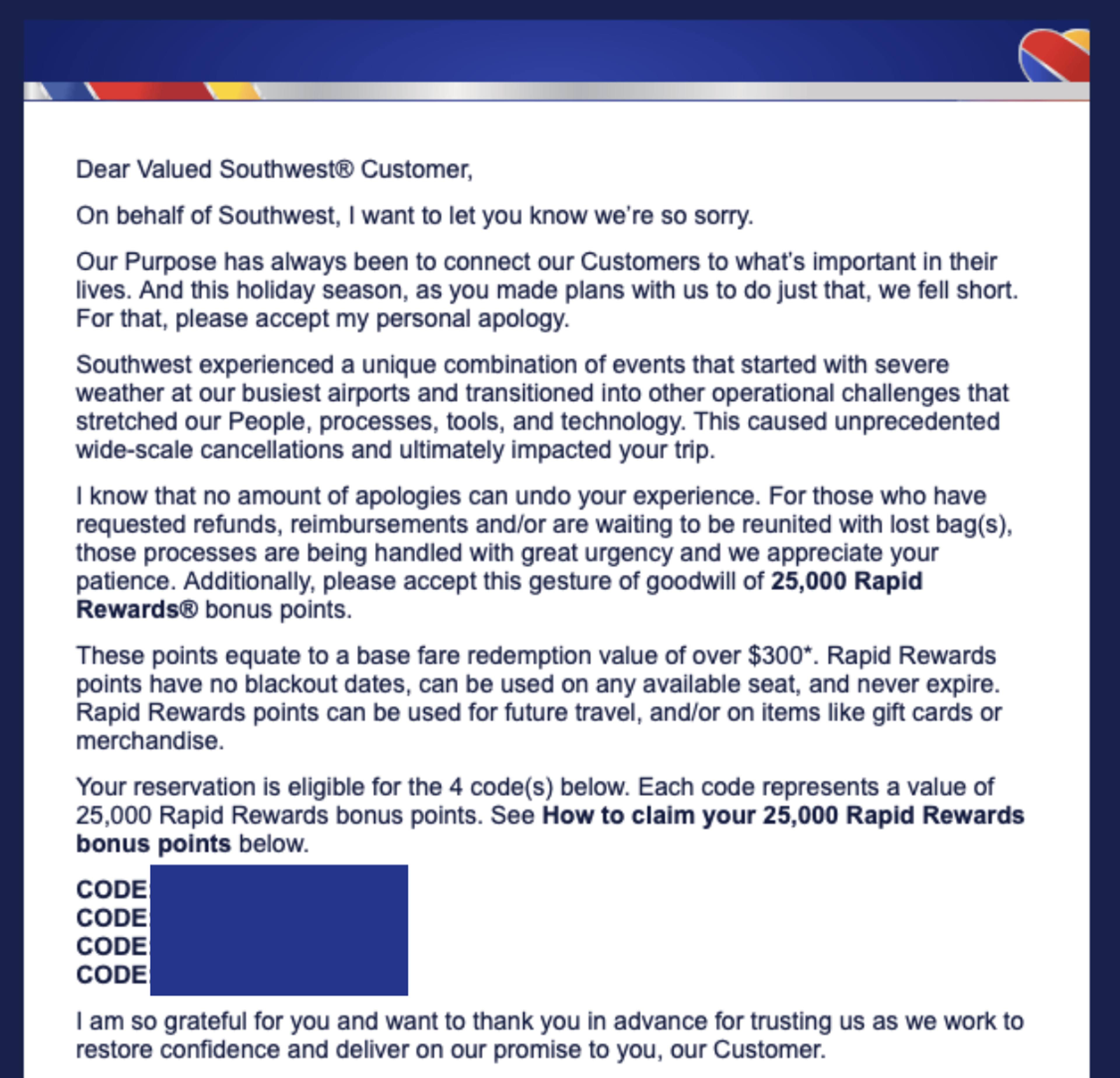 Southwest apology email