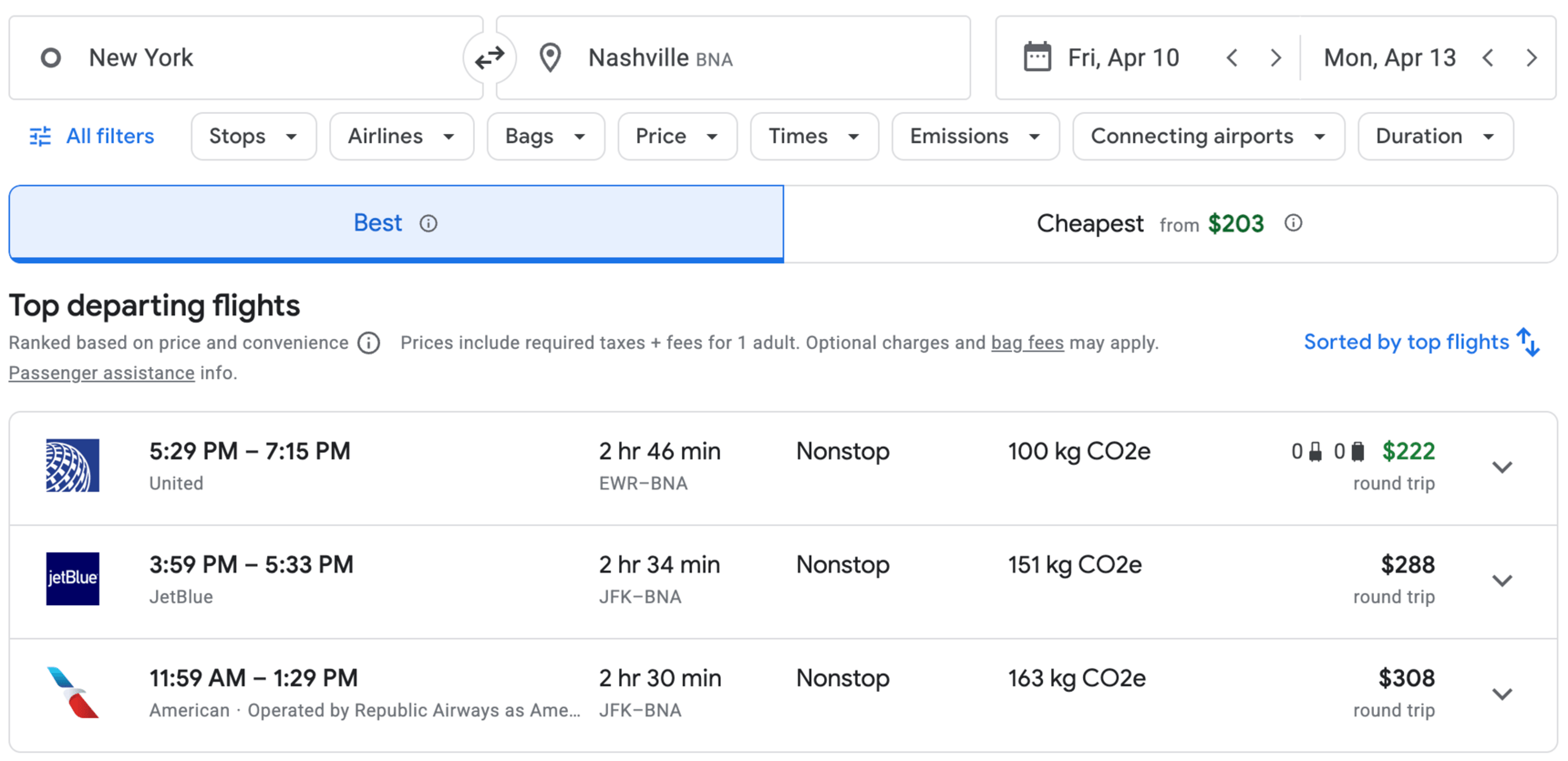 Potential fares to Nashville