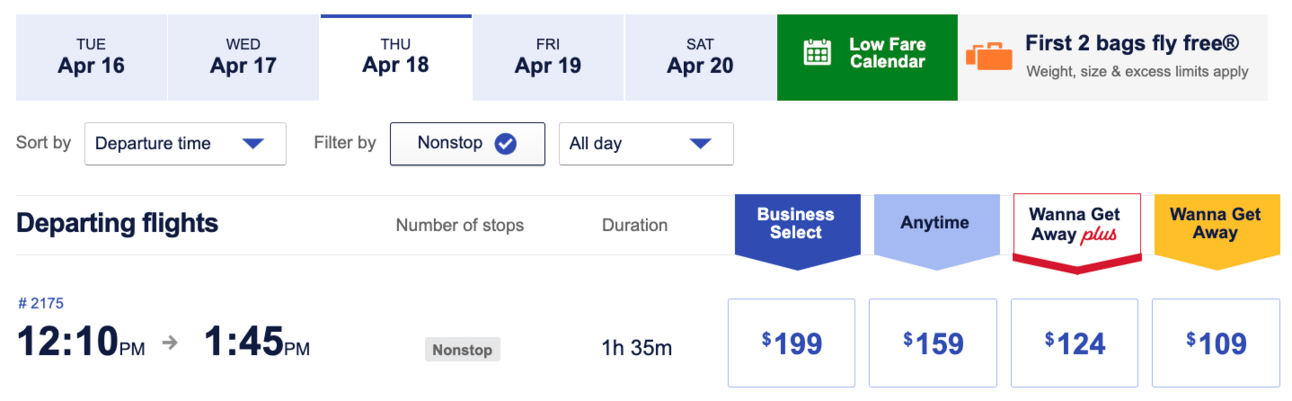 An example of a southwest flight from BWI-CVG for $109