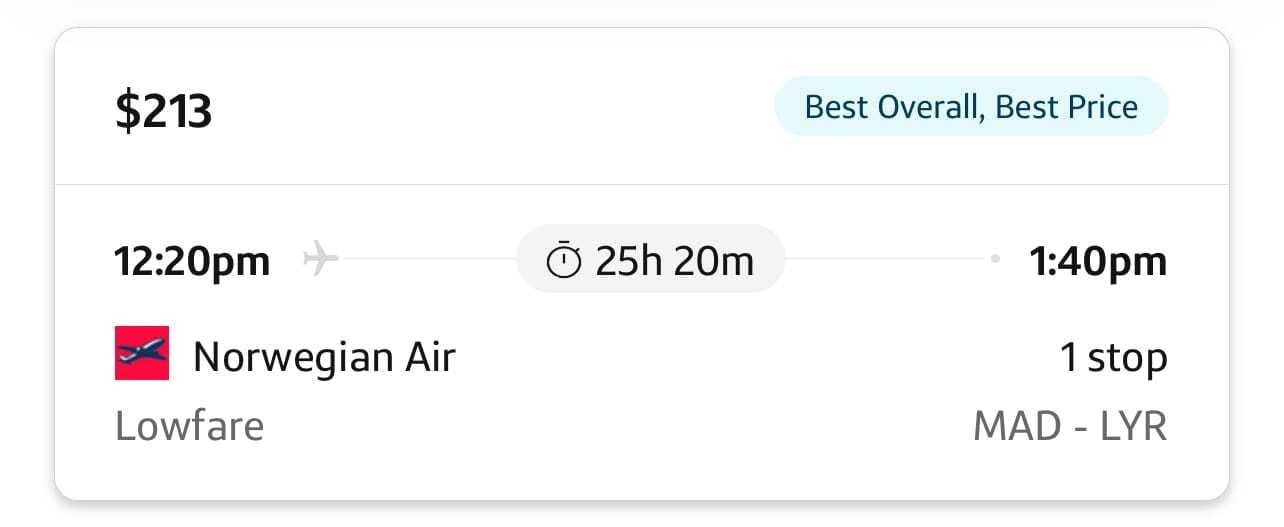 Example of a cheap flight bookable through the C1 travel portal