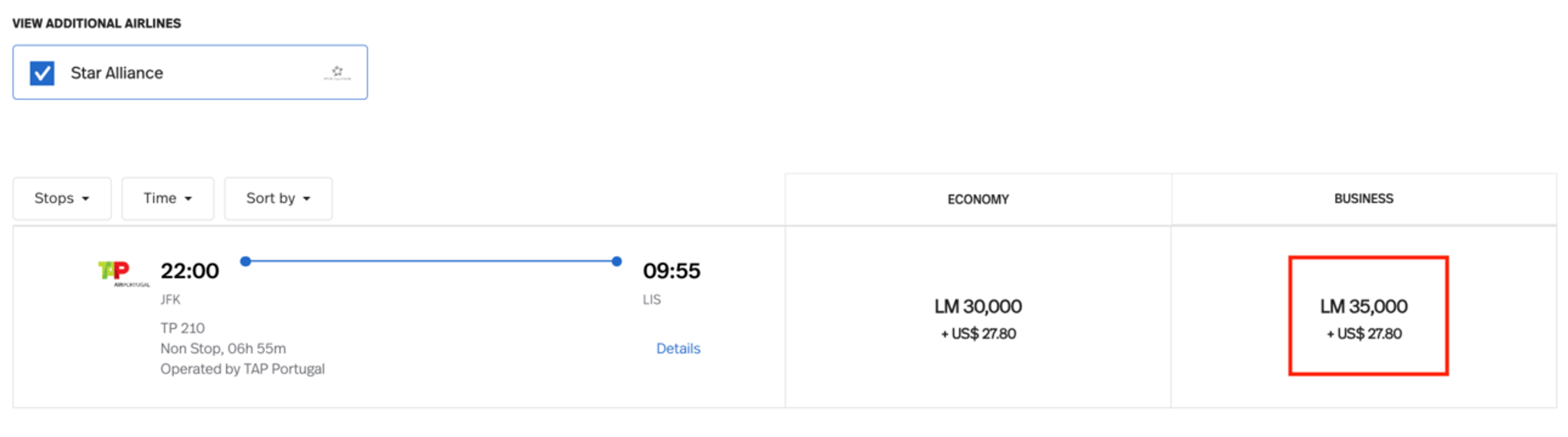 New York to Lisbon for 35,000 LifeMiles in business class