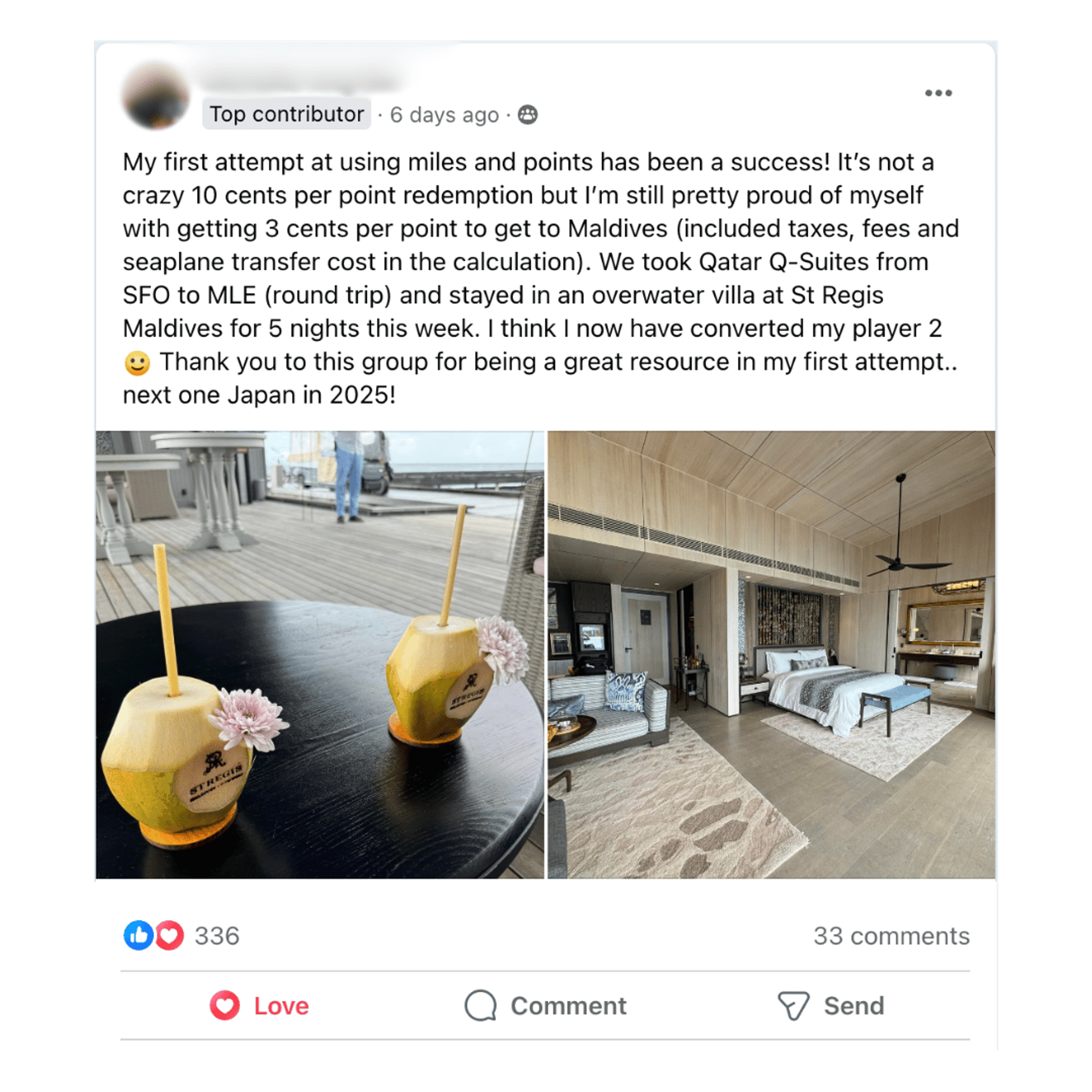 Screenshot of a Lounge member sharing a travel win to the Maldives