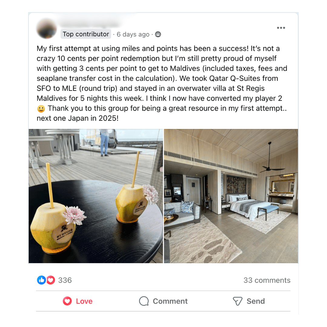 Screenshot of a Lounge member sharing a travel win to the Maldives