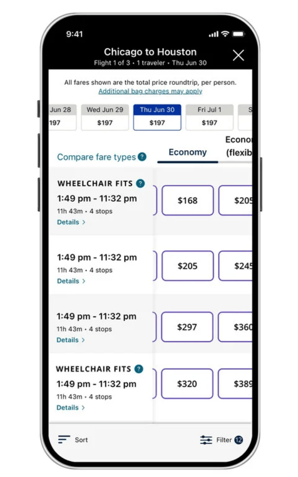 Graphic of a cellphone showing the wheelchair feature in the United app