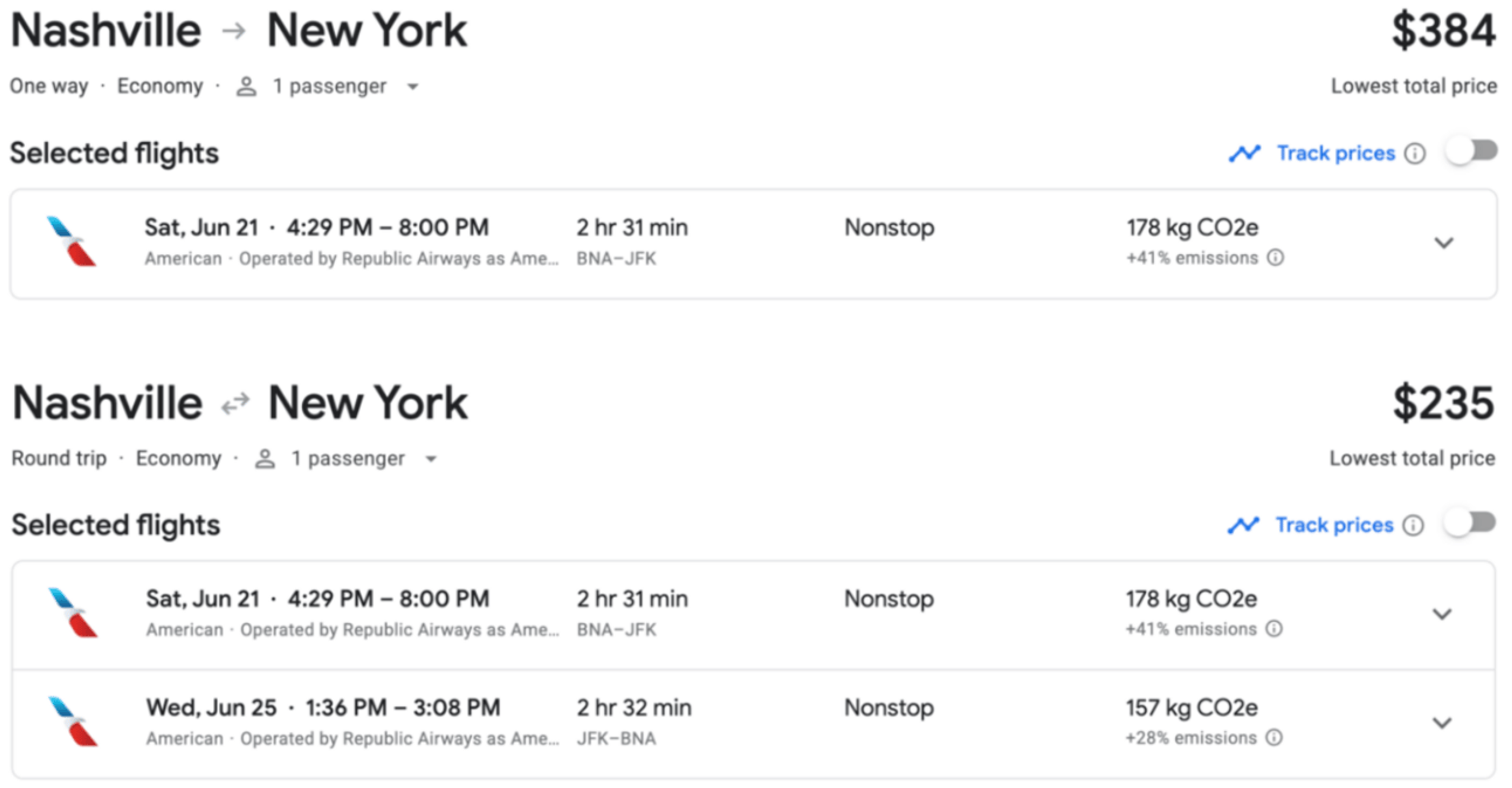 Google flights itinerary from BNA to JFK