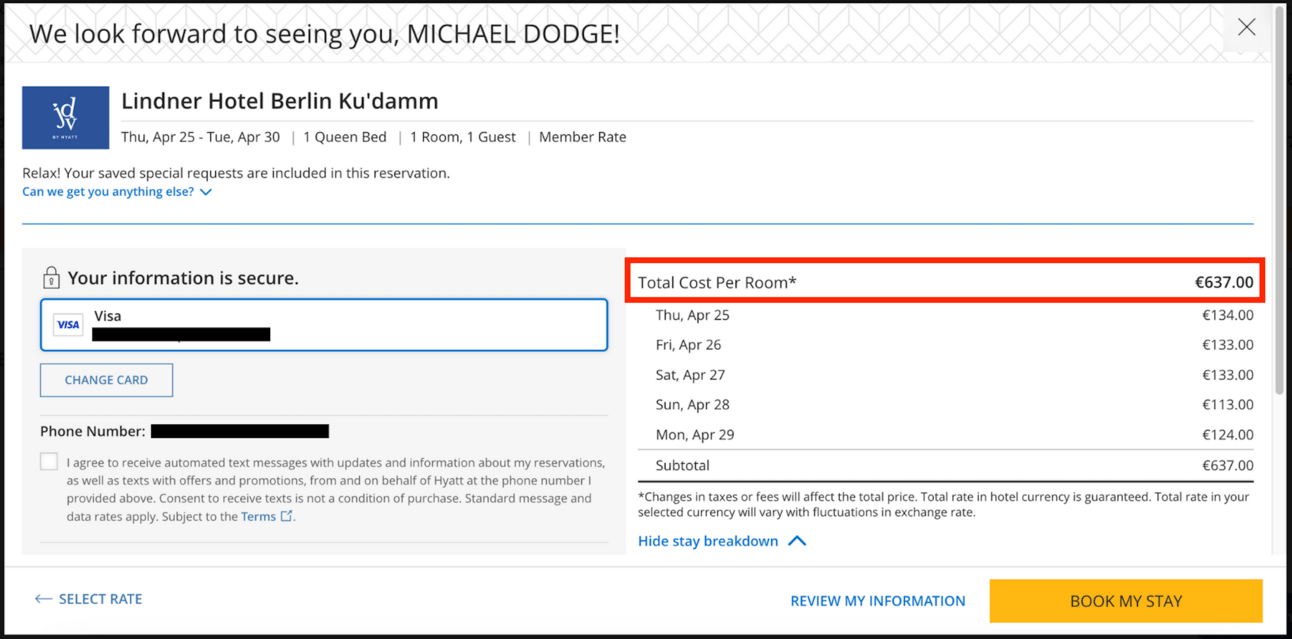 A sample booking at the aforementioned hotel for 5 nights