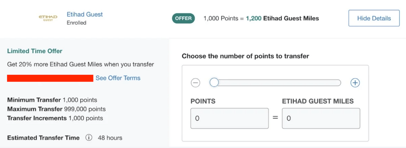 A screenshot of the transfer bonus from MR Points to Etihad
