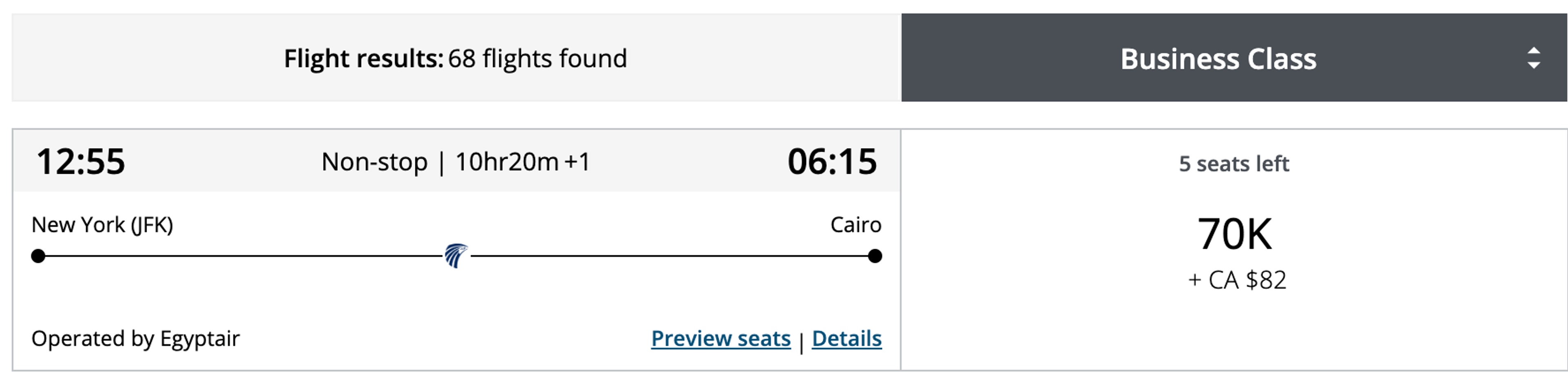 New York to Cairo for 70k points in business class