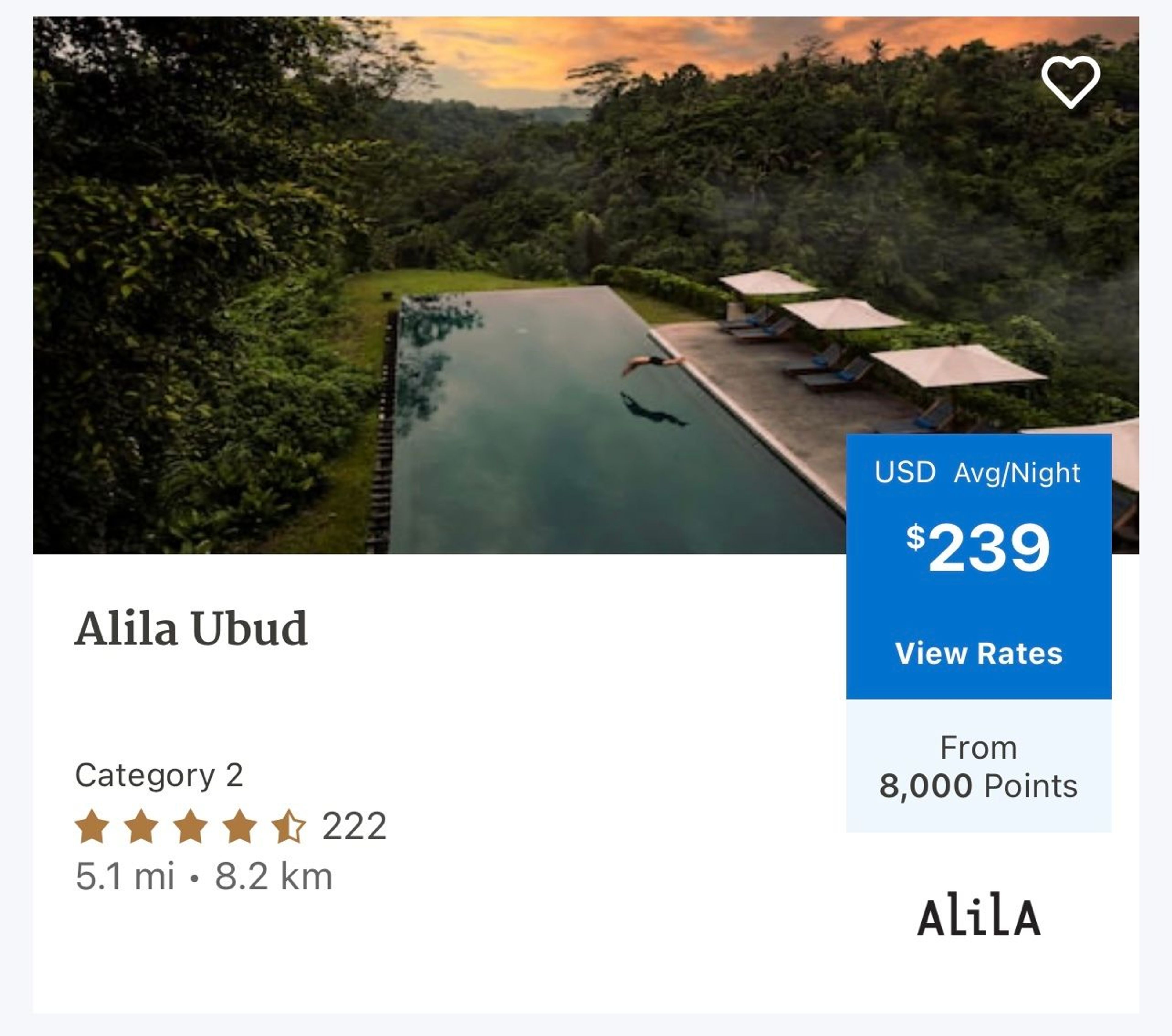 A screenshot showing a Category 2 Alila hotel in Bali, which costs 8,000 points per night