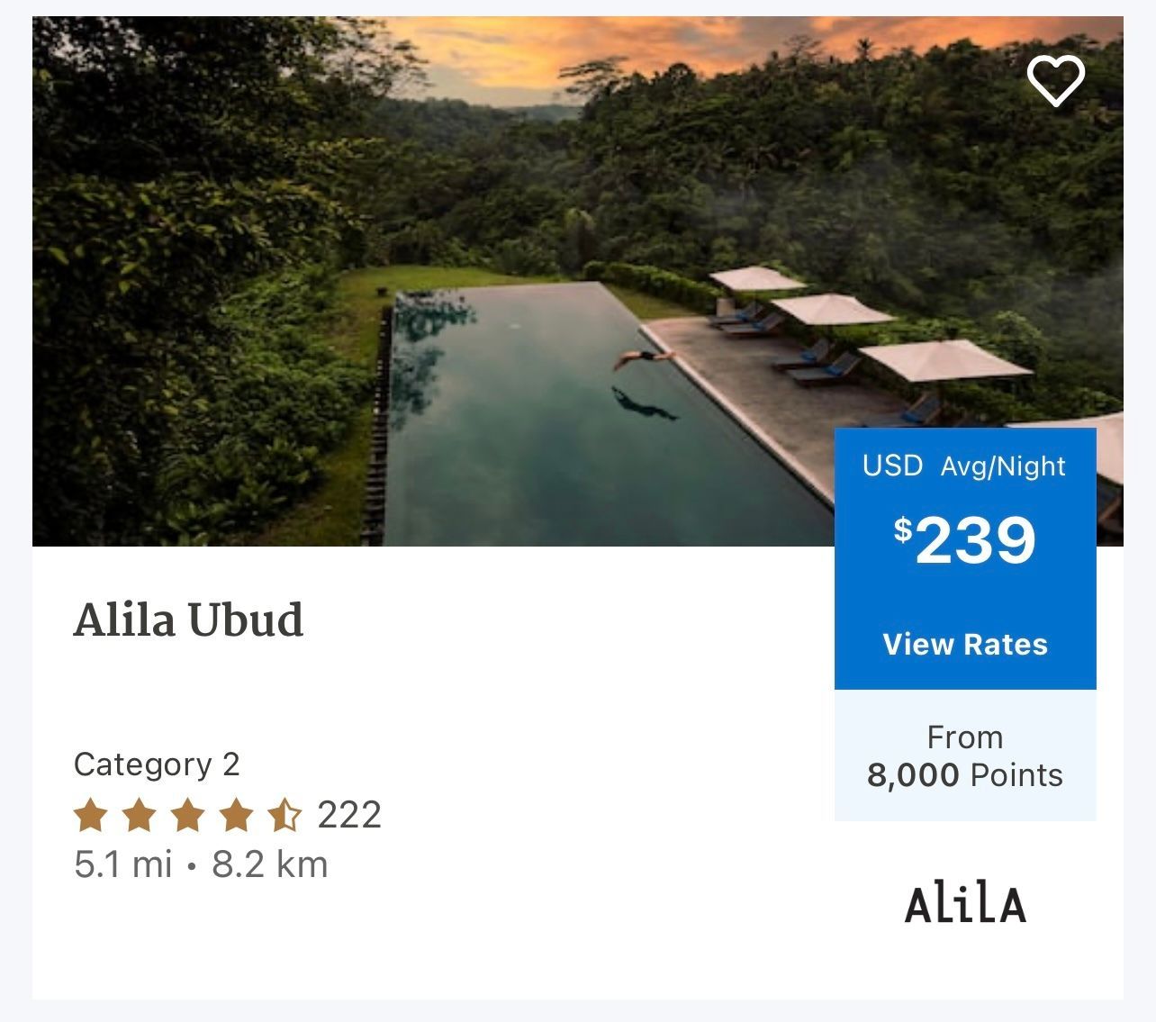 A screenshot showing a Category 2 Alila hotel in Bali, which costs 8,000 points per night