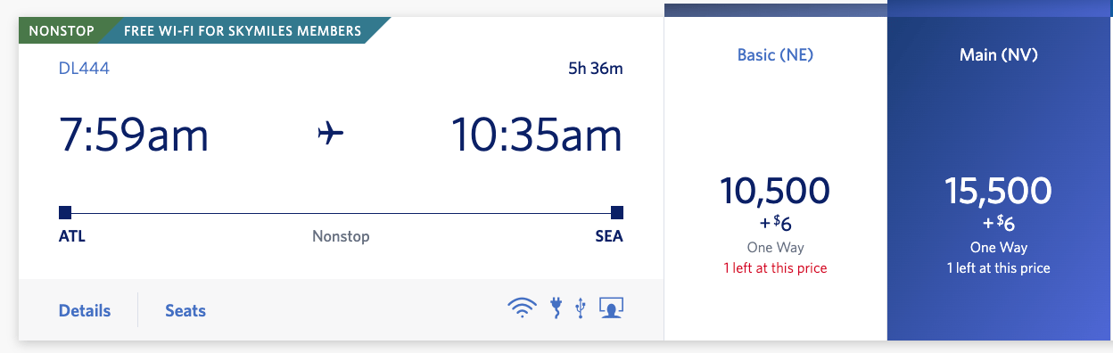 An example of an award flight from Atlanta to Seattle using Delta SkyMiles
