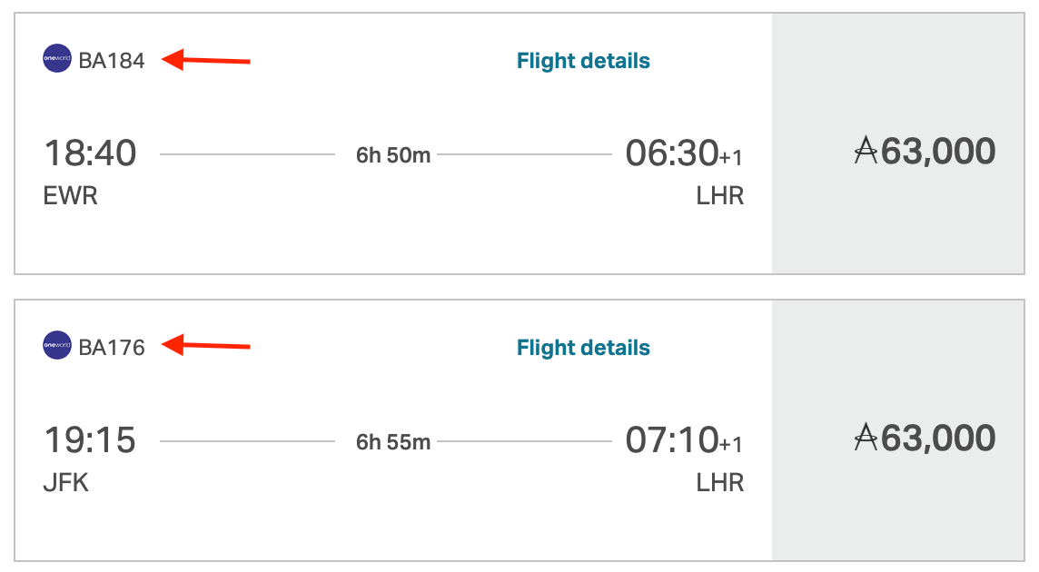 New York to London on British Airways for 63,000 Cathay Miles in business class